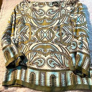 J. Crew Blue & Tan 100% Silk Paisley Blouse, 3/4 Length Sleeves, Back Zipper
